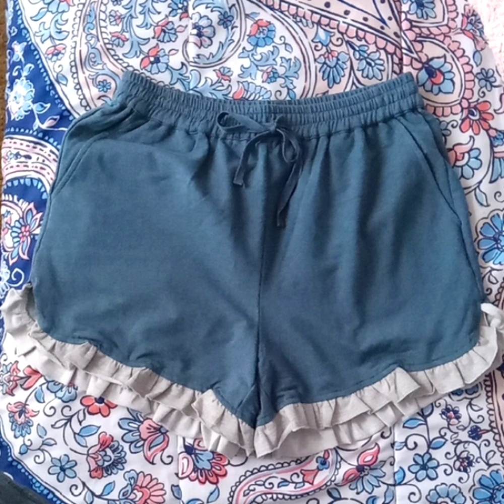Blue Ruffle Hem Shorts